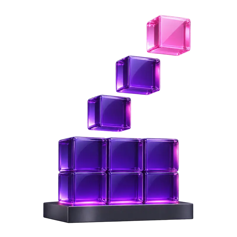A tower of glossy violet blocks assembling, with one pink block at the top